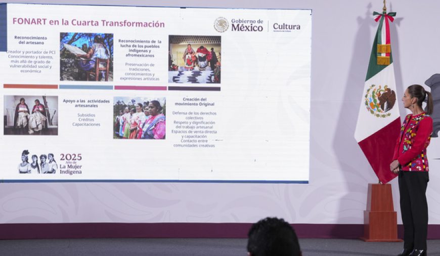 Cuauhtémoc, Ciudad de México, México, 11 de abril de 2025. 
La doctora Claudia Sheinbaum Pardo, presidenta Constitucional de los Estados Unidos Mexicanos en conferencia de prensa matutina “Las mañaneras del pueblo”, en el Salón Tesorería de Palacio Nacional. La acompañan Rosa Icela Rodríguez Velázquez, secretaria de Gobernación; Claudia Stella Curiel de Icaza, secretaria de Cultura; Marina Núñez Bespalova, subsecretaria de Desarrollo Cultural de la Secretaría de Cultura y Bulmaro Juárez Pérez, divulgador de lenguas indígenas, presentador de la sección “Suave Patria”. 
Foto: Presidencia